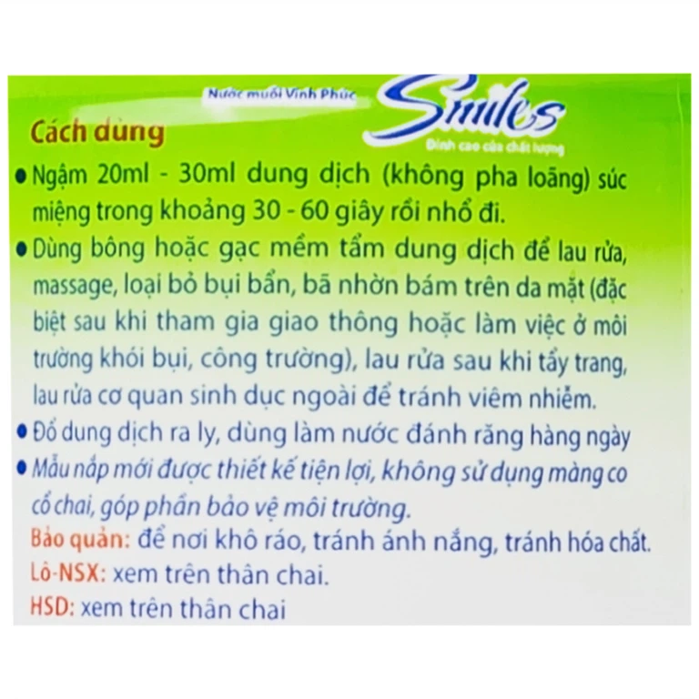Nước muối Vĩnh Phúc Natriclorid 0.9% làm sạch răng, khử mùi hôi khoang miệng (500ml)