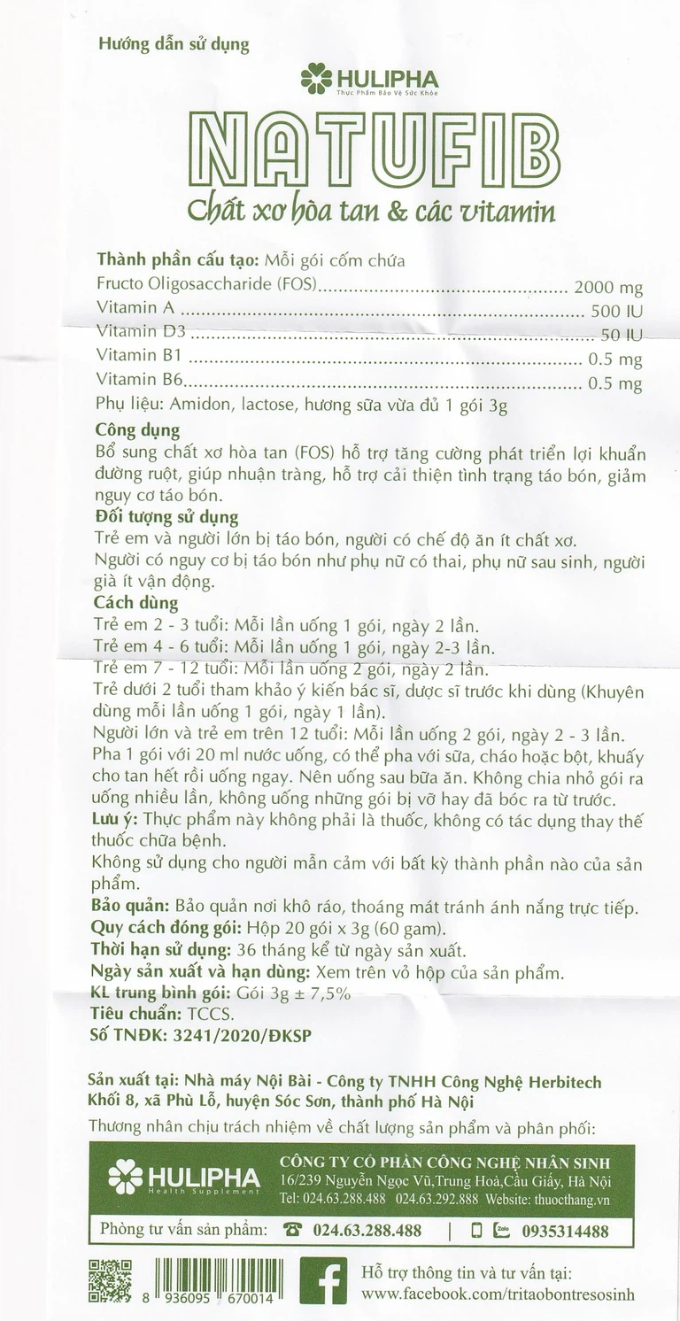 Cốm Natufib Hulipha hỗ trợ cải thiện tình trạng táo bón (20 gói x 3g)