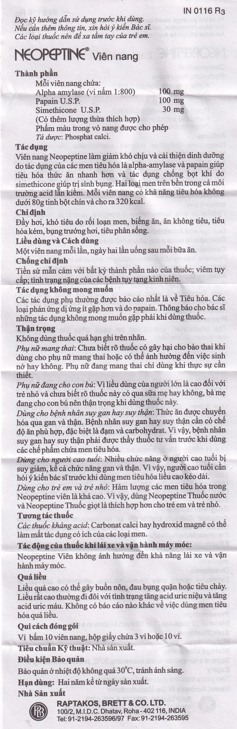 Men tiêu hóa cho người lớn dạng viên Neopeptine Raptakos (Hộp 10 vỉ x 10 viên)