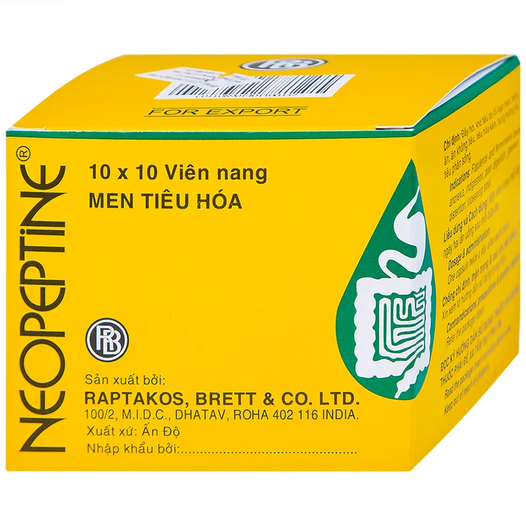 Men tiêu hóa cho người lớn dạng viên Neopeptine Raptakos (Hộp 10 vỉ x 10 viên)