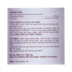 Thuốc Neo-Pyrazon 50mg United giảm đau, hạ sốt và kháng viêm (25 vỉ x 4 viên)