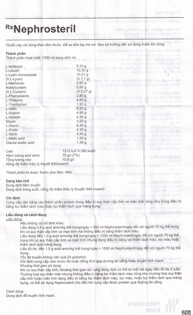 Dịch truyền Nephrosteril Fresenius Kabi điều trị suy thận cấp và mãn tính (250ml)