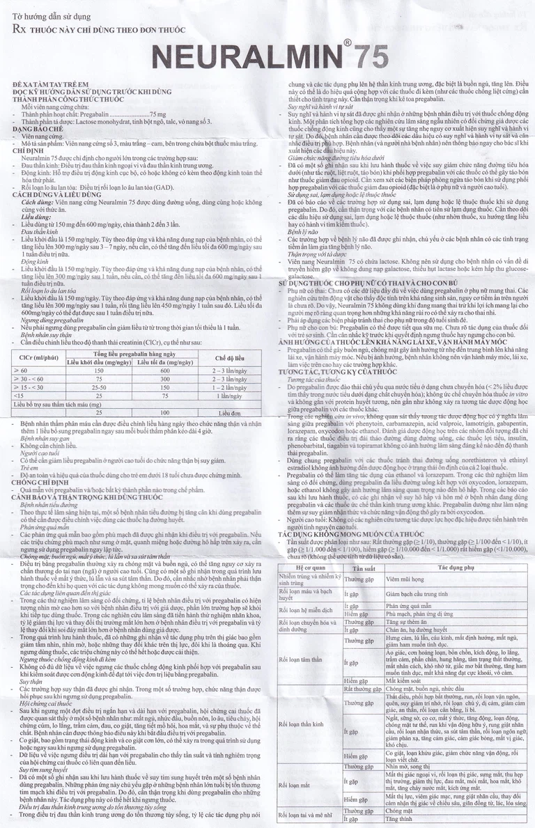 Viên nang cứng Neuralmin 75 Boston Pharma điều trị đau thần kinh, động kinh, rối loạn lo âu (2 vỉ x 14 viên)