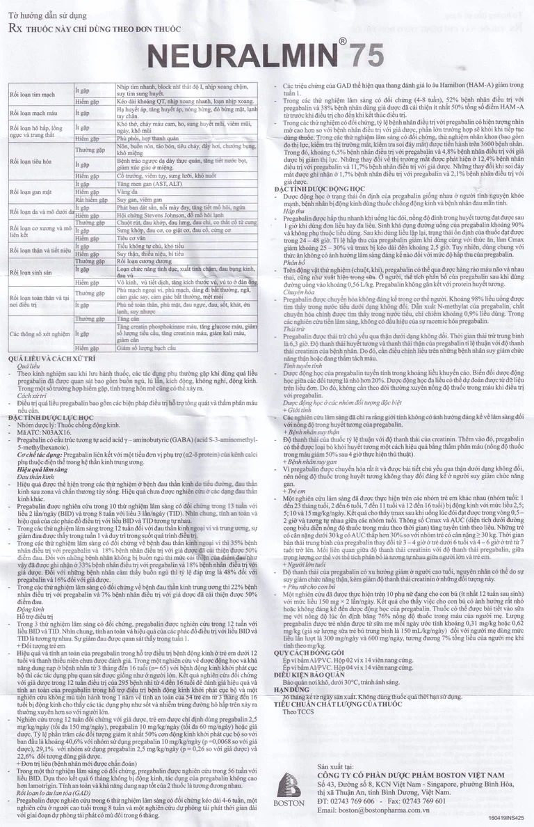 Viên nang cứng Neuralmin 75 Boston Pharma điều trị đau thần kinh, động kinh, rối loạn lo âu (2 vỉ x 14 viên)