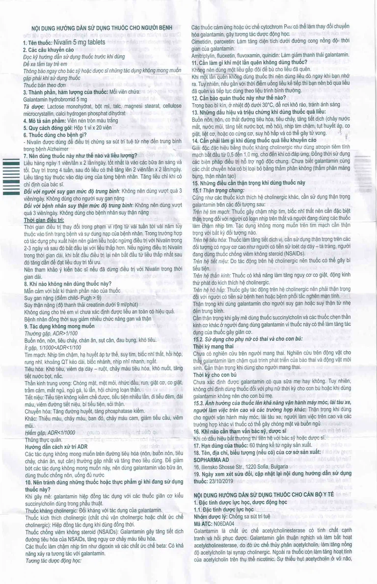 Viên nén Nivalin 5mg Sopharma điều trị sa sút trí tuệ, Alzheimer (1 vỉ x 20 viên)