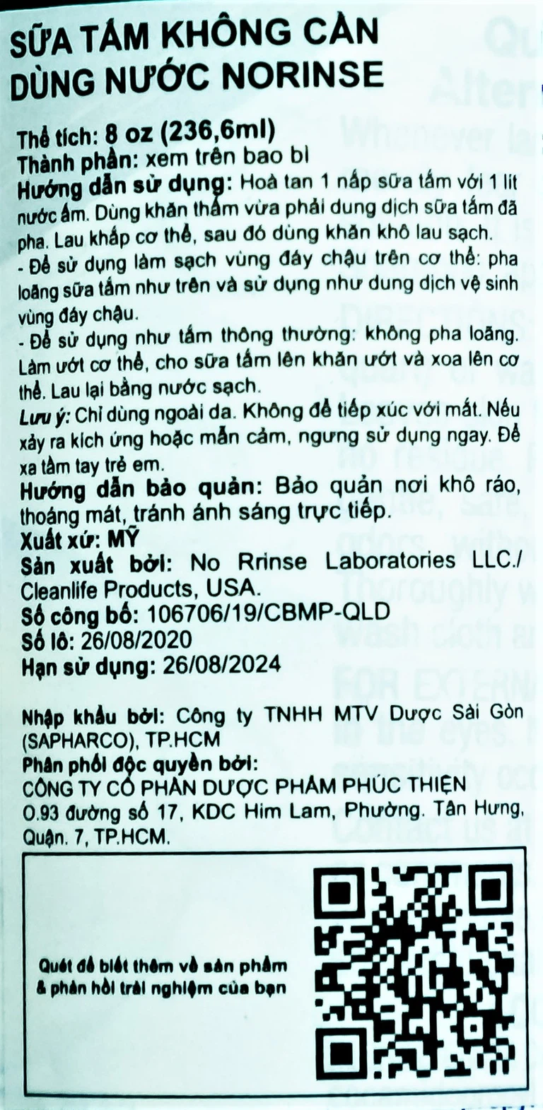 Sữa tắm không cần dùng nước NoRinse Body Bath thay thế cách tắm thông thường (236,6ml)