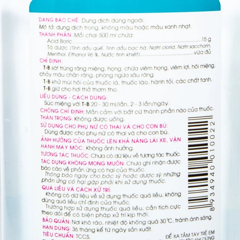 Nước súc miệng T&B Traphaco sát trùng răng miệng, họng, khử mùi hôi thuốc lá (500ml)