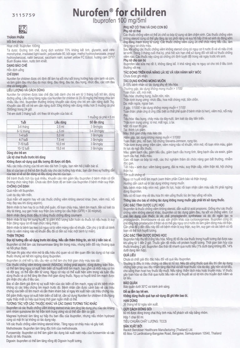 Hỗn dịch uống Nurofen for children hạ sốt, giảm đau răng, đau tai, đau họng (60ml)