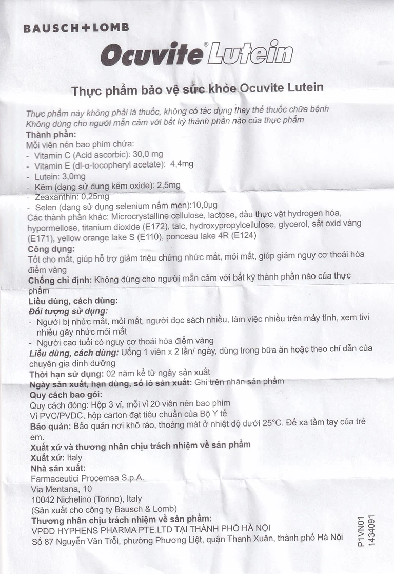 Viên nén Ocuvite Lutein Bausch & Lomb hỗ trợ tăng cường thị lực (3 vỉ x 20 viên)