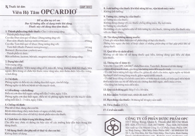 Viên Hộ Tâm Opcardio OPC phòng ngừa và điều trị các chứng đau thắt ngực (5 vỉ x 10 viên)
