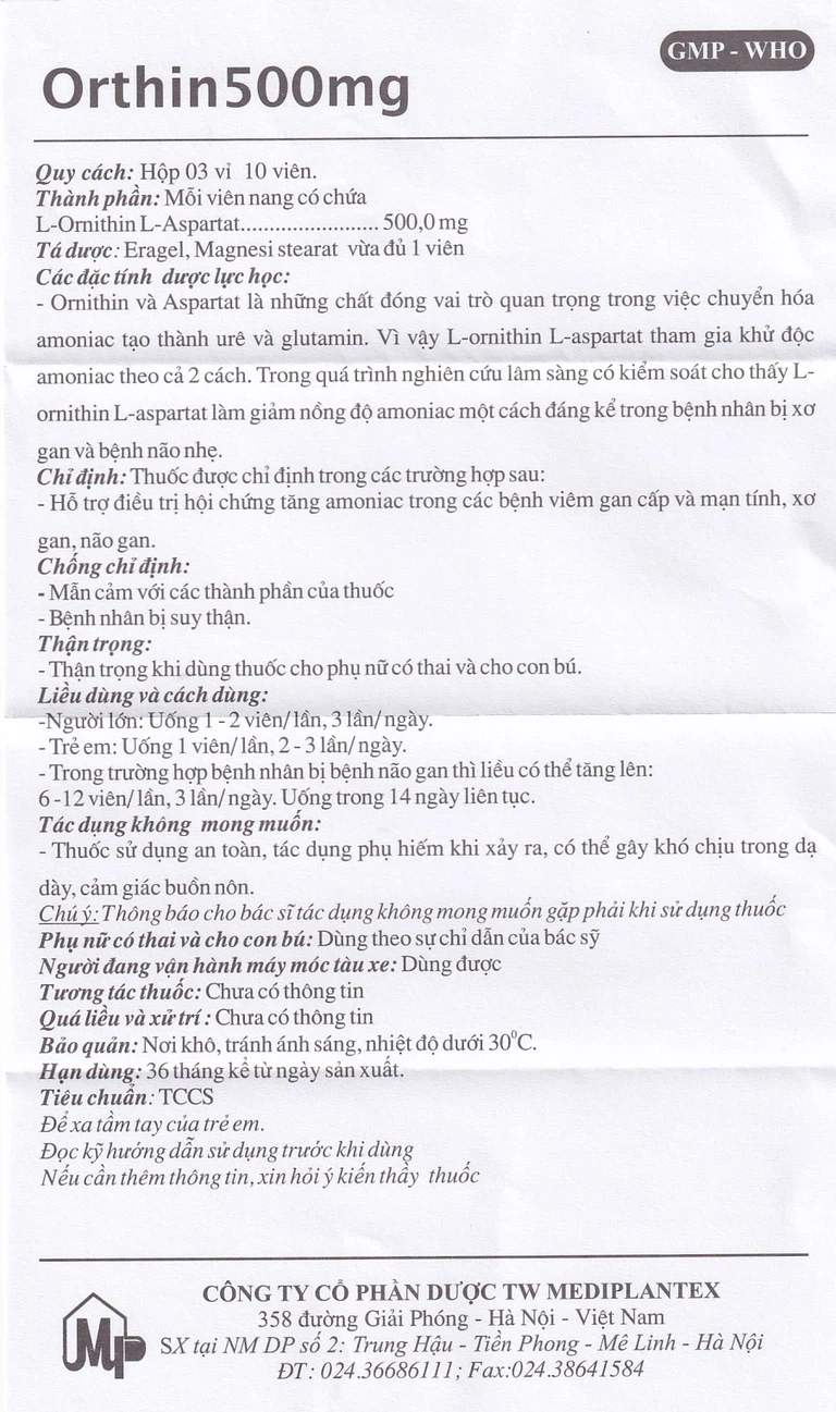 Viên nang cứng Orthin 500mg Mediplantex điều trị hội chứng tăng amoniac (3 vỉ x 10 viên)
