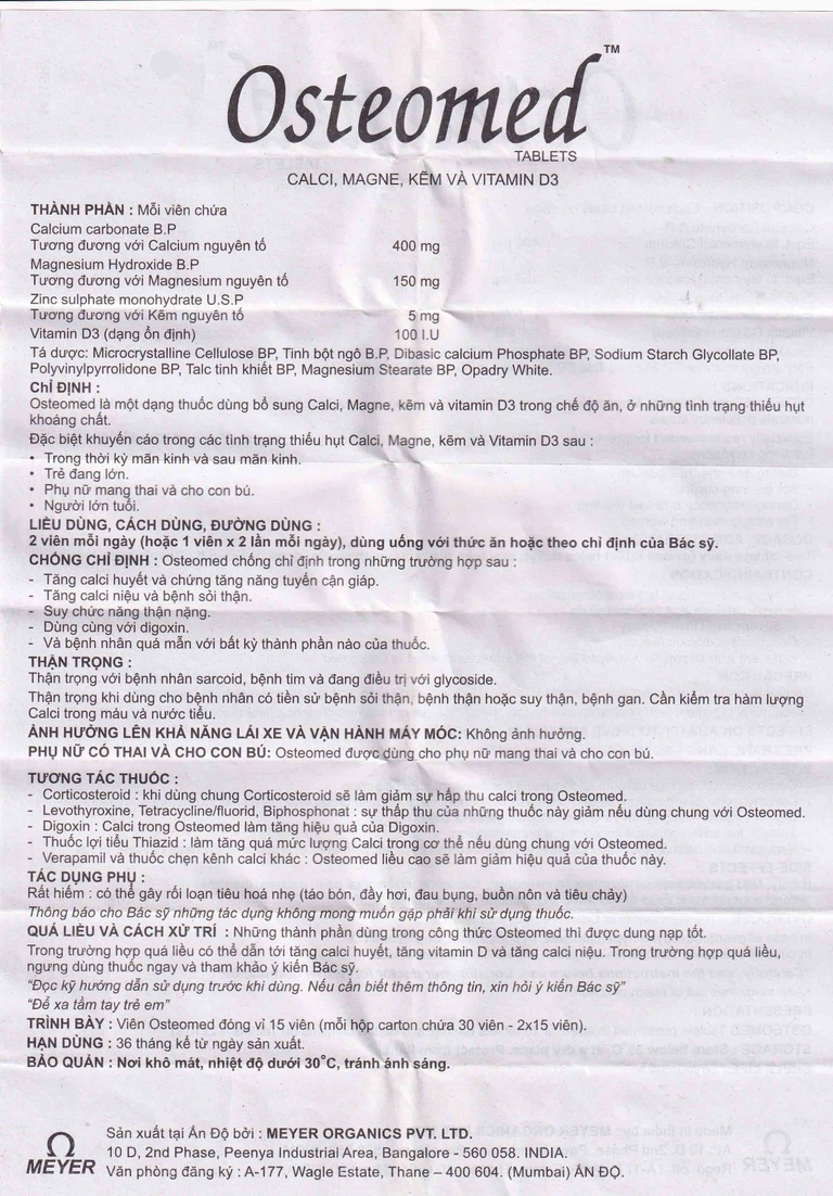 Viên nén Osteomed Meyer bổ sung canxi, Magne, kẽm, vitamin D3 và khoáng chất (2 vỉ x 15 viên)