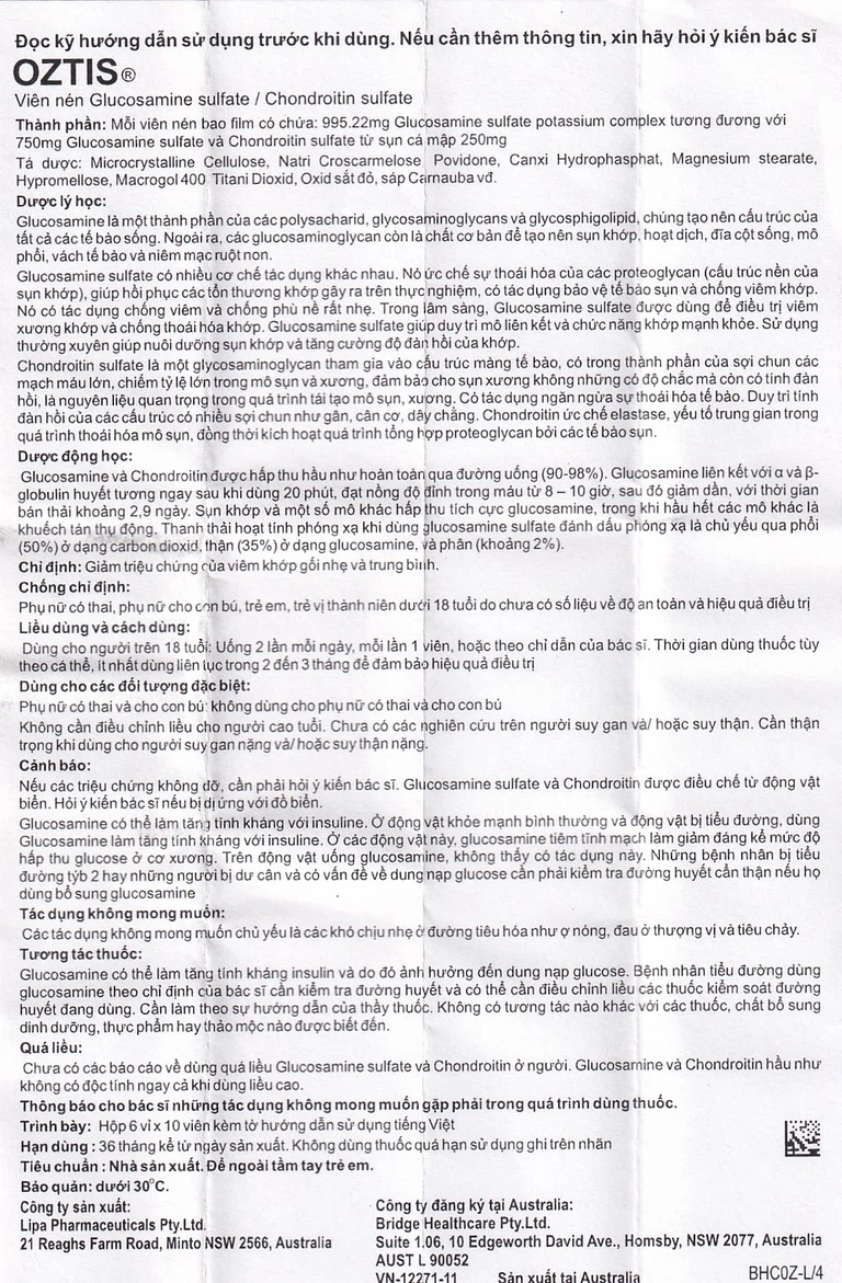 Thuốc Oztis Bridge Healthcare giảm triệu chứng của viêm khớp gối nhẹ và trung bình (6 vỉ x 10 viên)