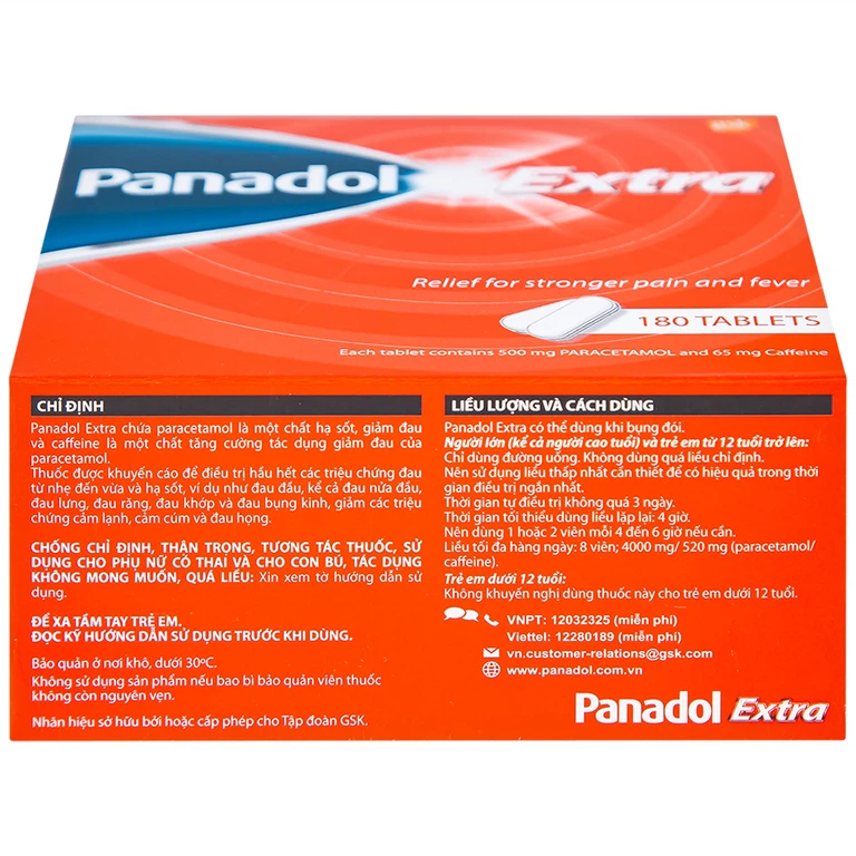 Viên nén Panadol Extra đỏ GSK giảm mạnh các cơn đau, hạ sốt, điều trị đau đầu, đau lưng (15 vỉ x 12 viên)
