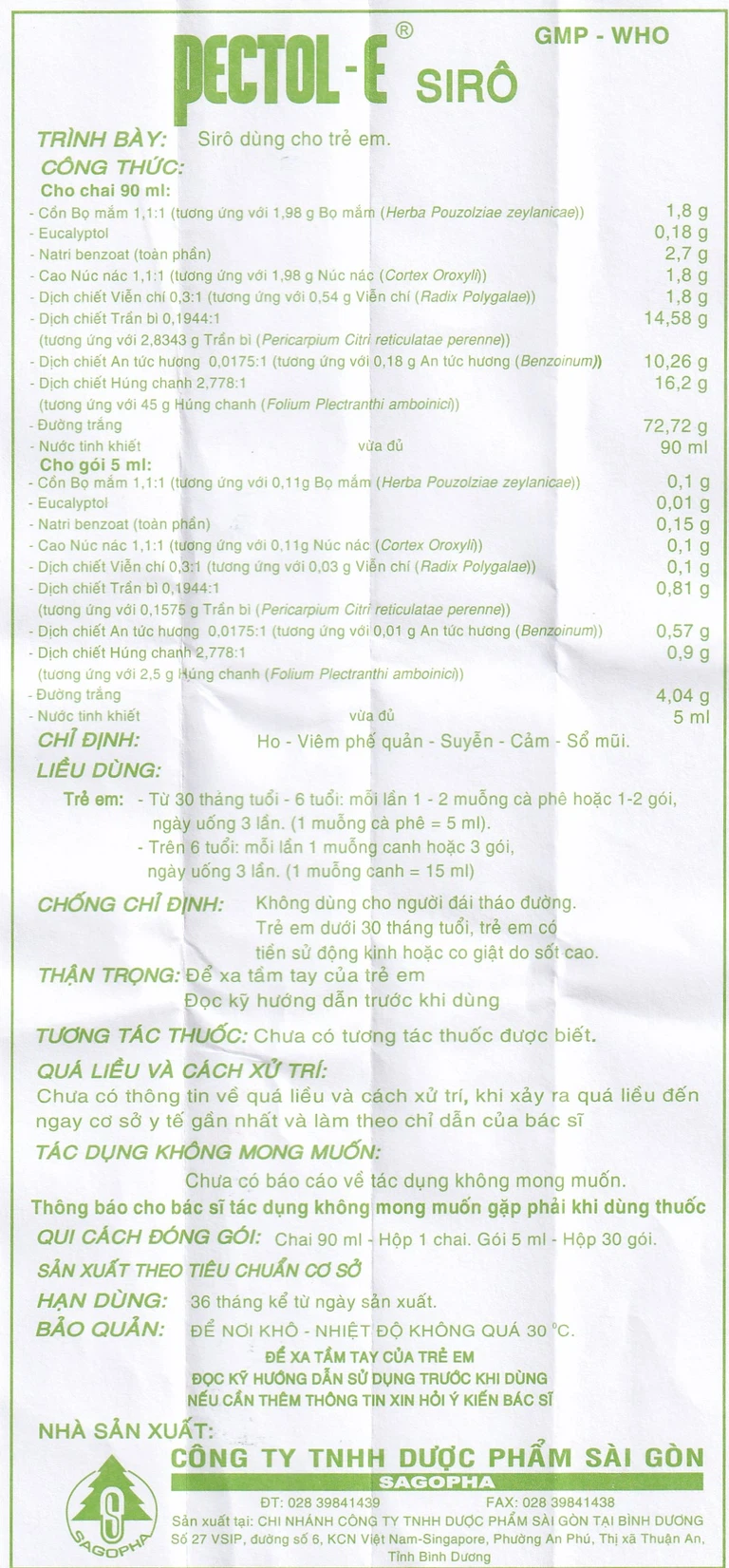 Siro trị ho trẻ em Pectol-E Sagopha điều trị ho, viêm phế quản, suyễn, cảm, sổ mũi (90ml)