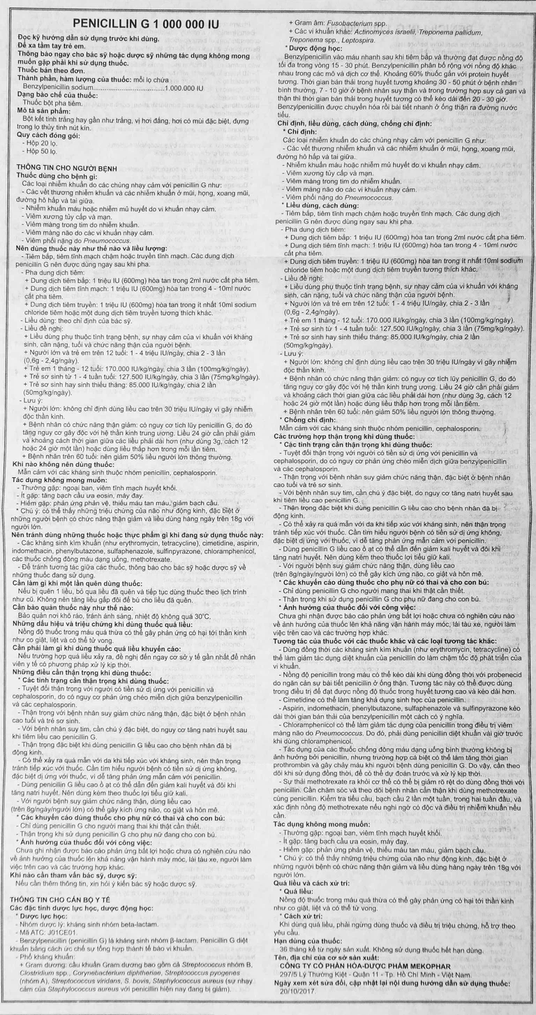 Bột pha tiêm Penicillin G 1 000 000 IU Mekophar điều trị các chứng nhiễm khuẩn (50 lọ)