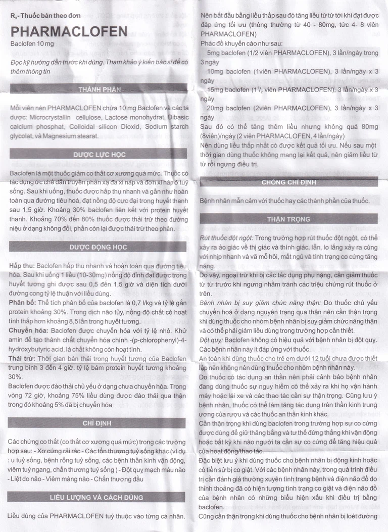 Viên nén Pharmaclofen 10mg Pharmascience điều trị các chứng co thắt cơ xương (100 viên)