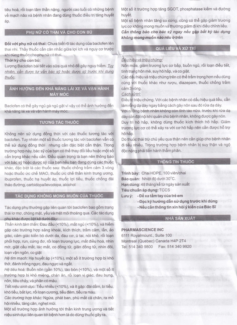 Viên nén Pharmaclofen 10mg Pharmascience điều trị các chứng co thắt cơ xương (100 viên)