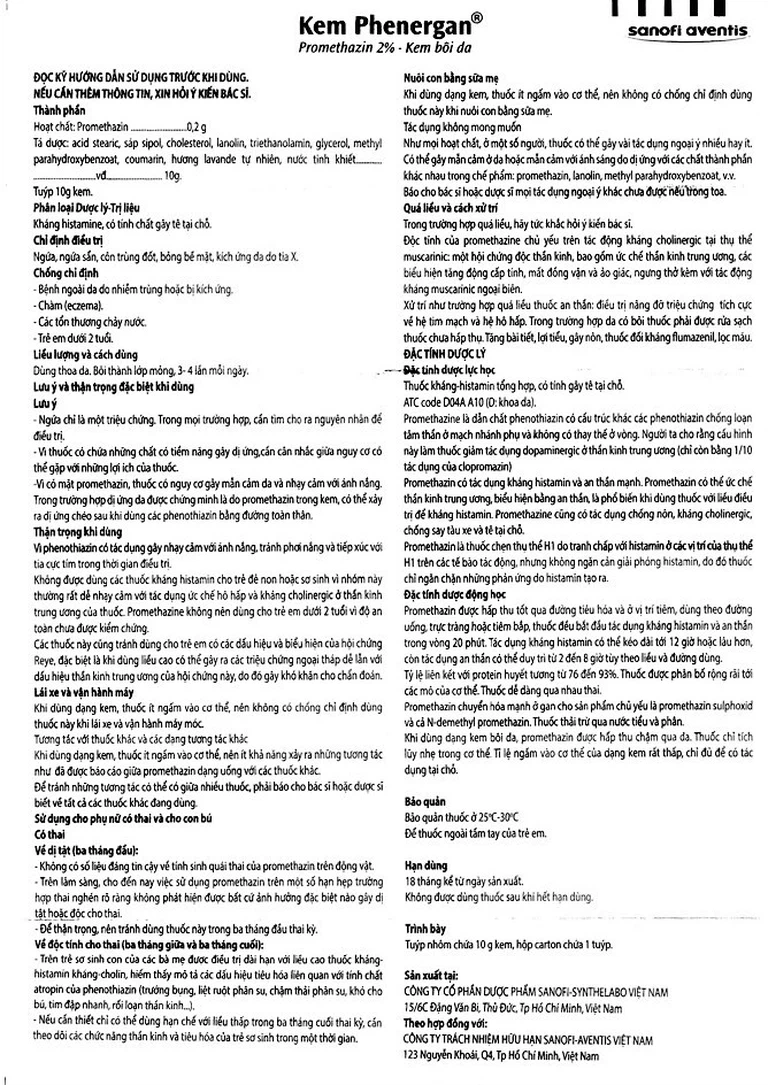 Kem bôi da Phenergan Sanofi điều trị ngứa, ngứa sẩn, côn trùng đốt (10g)