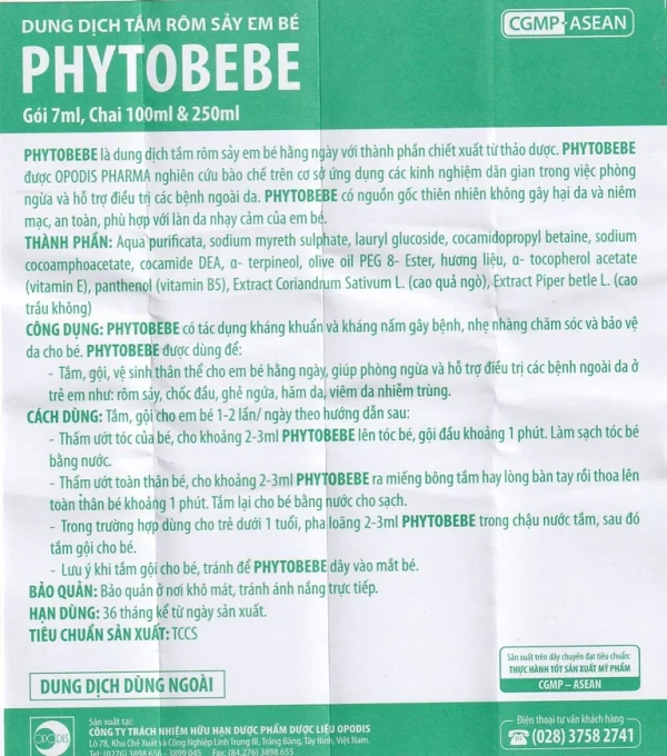 Dung dịch tắm rôm sảy em bé Phyto BEBE Opodis Pharma kháng khuẩn, nấm (100ml)