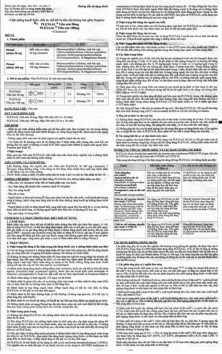 Viên nén Pletaal tablets 100mg Otsuka điều trị các chứng thiếu máu cục bộ (10 vỉ x 10 viên)