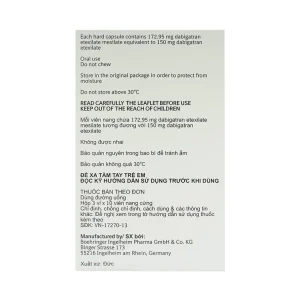 Viên nang cứng Pradaxa 150mg Boehringer phòng ngừa tai biến, đột quỵ (3 vỉ x 10 viên)