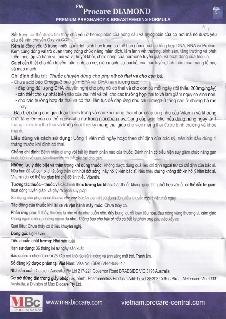 Viên uống Procare Diamond bổ sung khoáng chất cho phụ nữ có thai và cho con bú (30 viên)