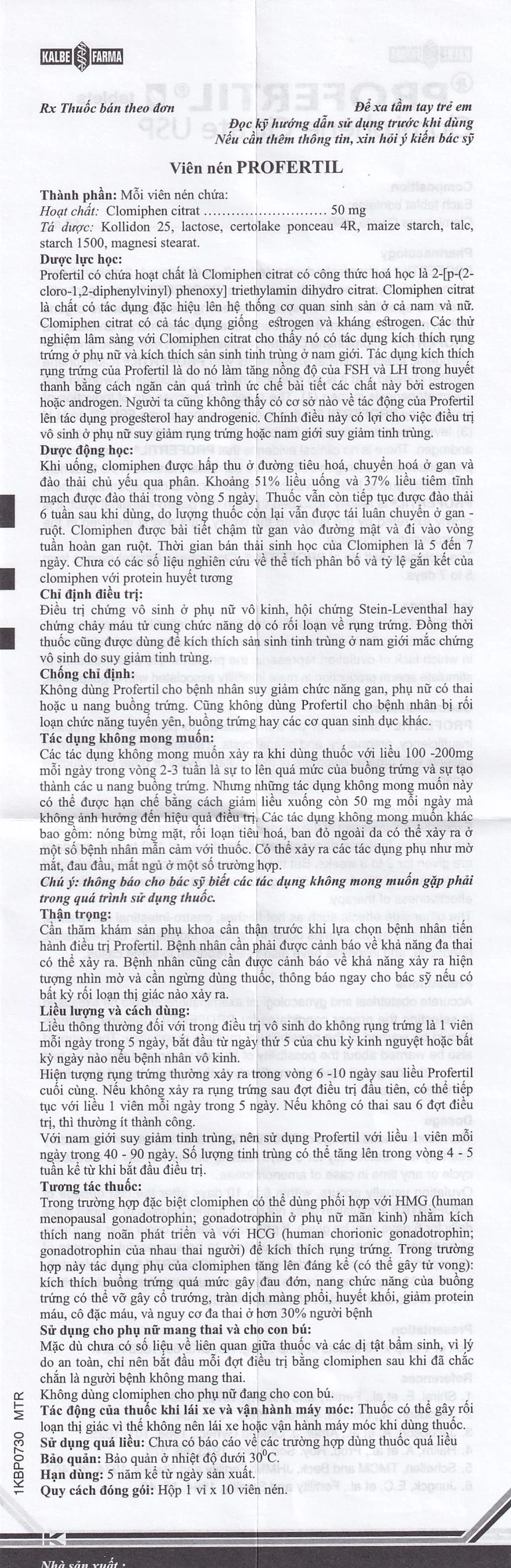 Thuốc Profertil Kalbe điều trị chứng vô sinh ở phụ nữ vô kinh (1 vỉ x 10 viên)f