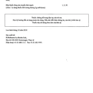 Bột pha tiêm Rocephin F.Hoffmann-La Roche điều trị nhiễm khuẩn huyết, viêm màng não (lọ 1g + ống 10ml)