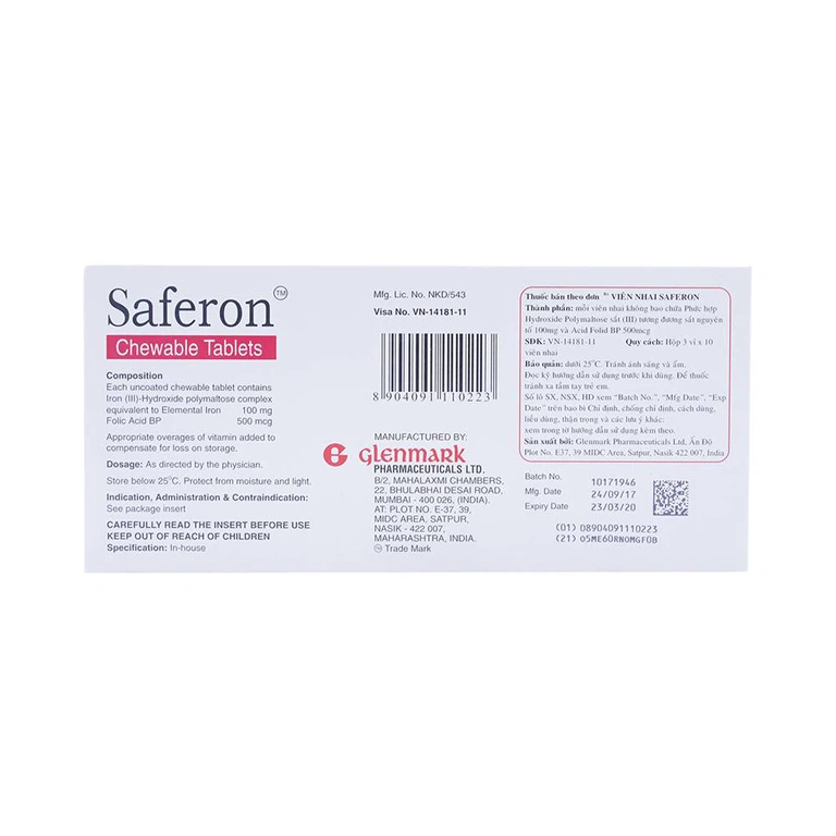 Viên nhai Saferon Glenmark dự phòng và điều trị chứng thiếu máu thiếu sắt (3 vỉ x 10 viên)