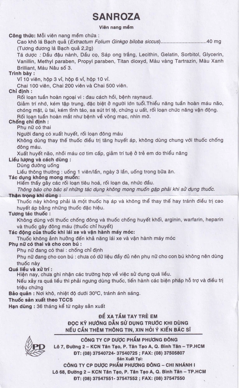 Thuốc Sanroza 40mg Phương Đông điều trị đau cách hồi, bệnh raynaud (10 vỉ x 10 viên)