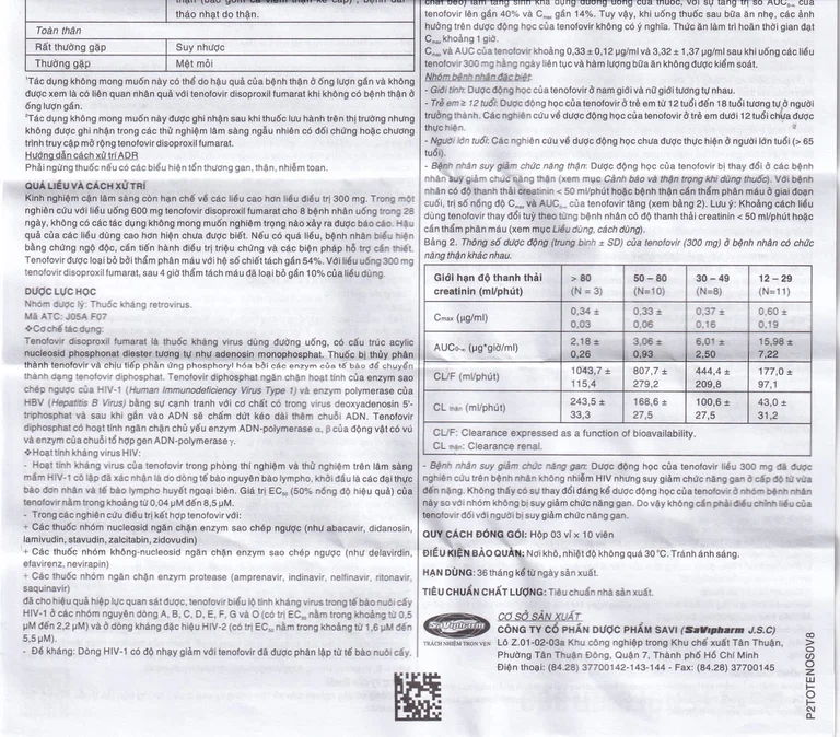 Thuốc Savi Tenofovir 300 điều trị nhiễm HIV-1 ở người lớn (3 vỉ x 10 viên)