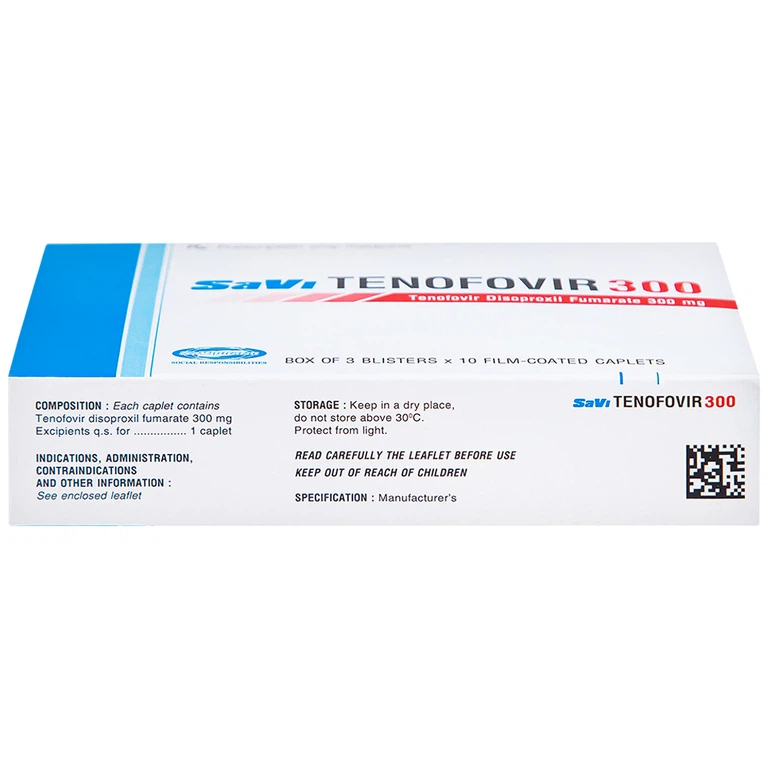Thuốc Savi Tenofovir 300 điều trị nhiễm HIV-1 ở người lớn (3 vỉ x 10 viên)