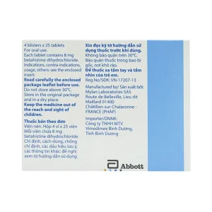 Thuốc Serc Abbott điều trị chóng mặt, mất thính giác, ù tai (4 vỉ x 25 viên)