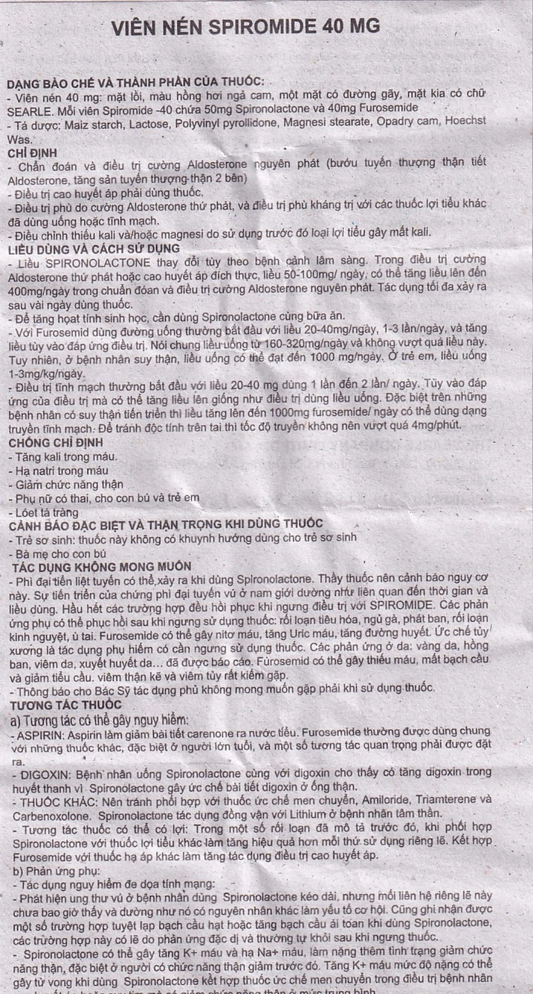 Thuốc Spiromide 40 Searle chẩn đoán và điều trị cường Aldosterone nguyên phát (3 vỉ x 10 viên)