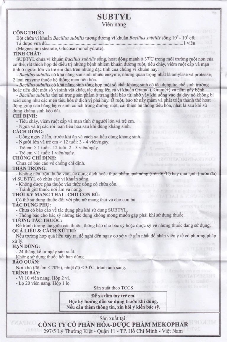 Thuốc Subtyl Mekophar điều trị tiêu chảy, viêm ruột (2 vỉ x 10 viên)