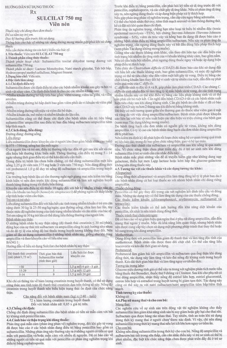 Thuốc Sulcilat 750mg Atabay điều trị các bệnh nhiễm khuẩn (1 vỉ x 10 viên)