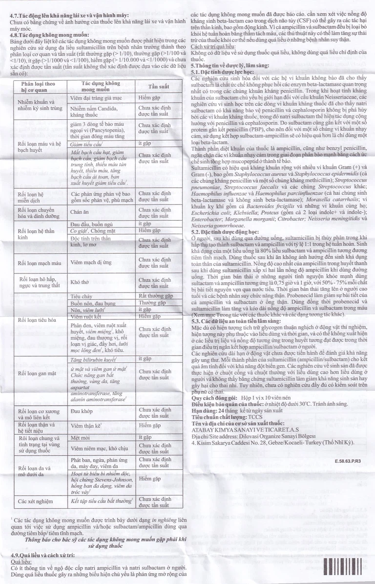 Thuốc Sulcilat 750mg Atabay điều trị các bệnh nhiễm khuẩn (1 vỉ x 10 viên)