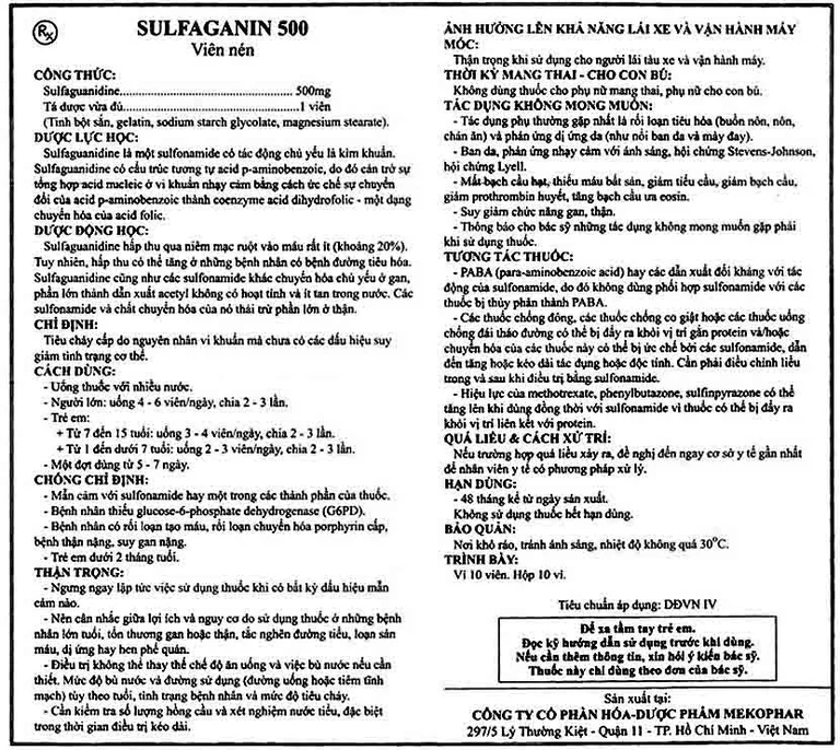 Thuốc Sulfaganin 500 Mekophar điều trị tiêu chảy cấp (10 vỉ x 10 viên)