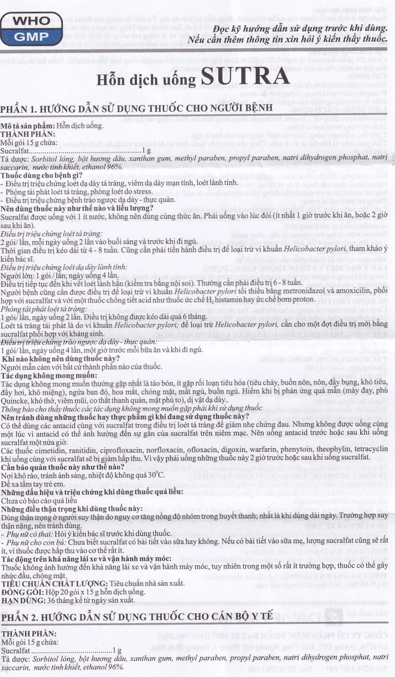 Hỗn dịch uống Sutra điều trị loét dạ dày, tá tràng (20 gói x 15g)