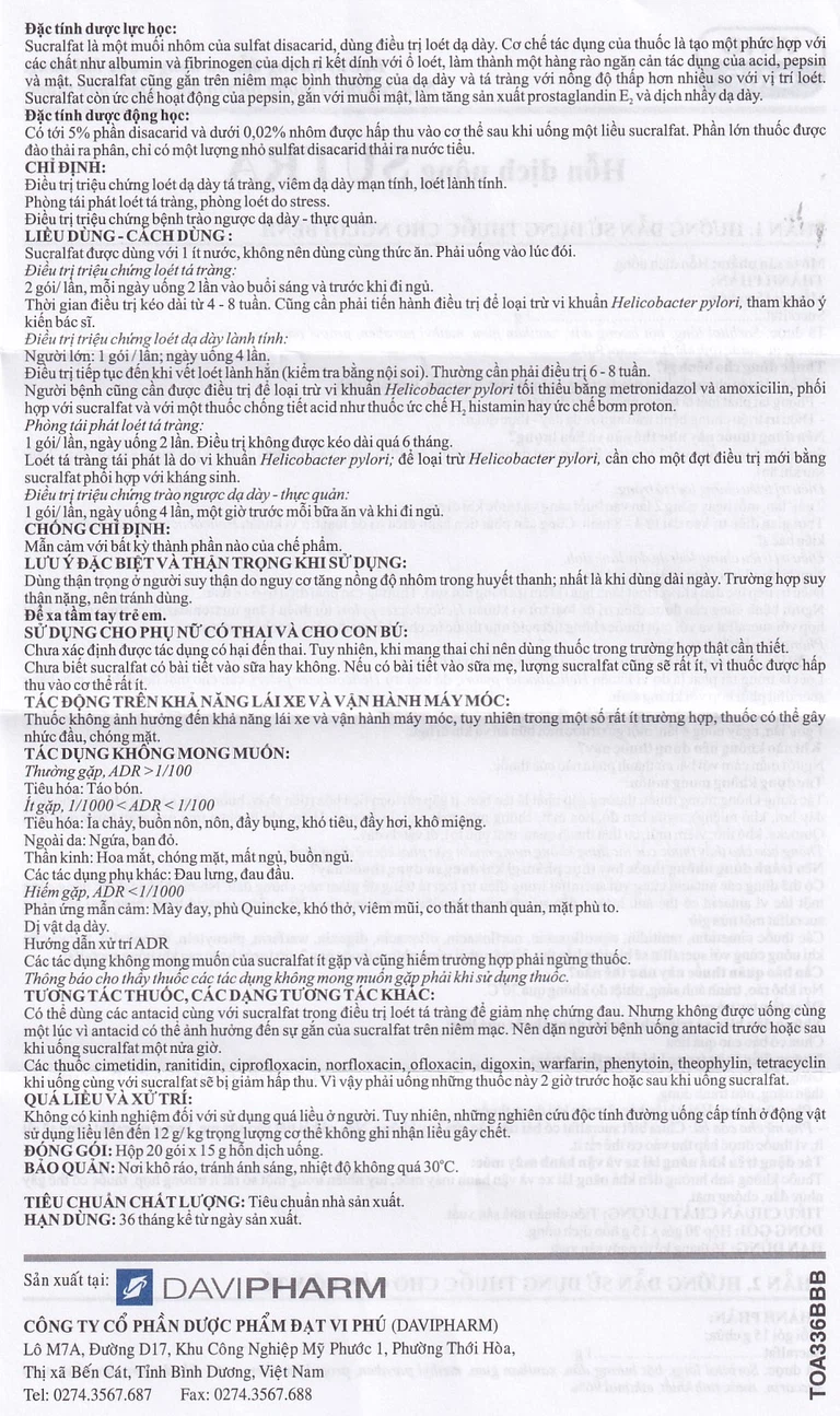 Hỗn dịch uống Sutra điều trị loét dạ dày, tá tràng (20 gói x 15g)