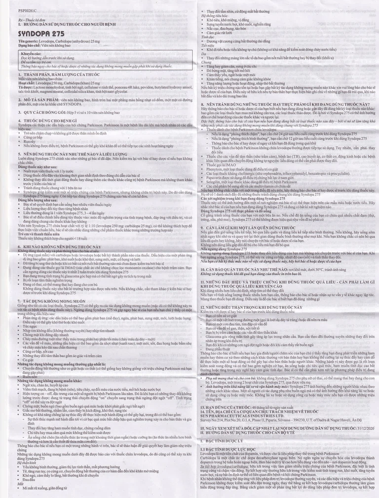 Thuốc Syndopa 275 Sun Pharma điều trị triệu chứng bệnh Parkinson (5 vỉ x 10 viên)