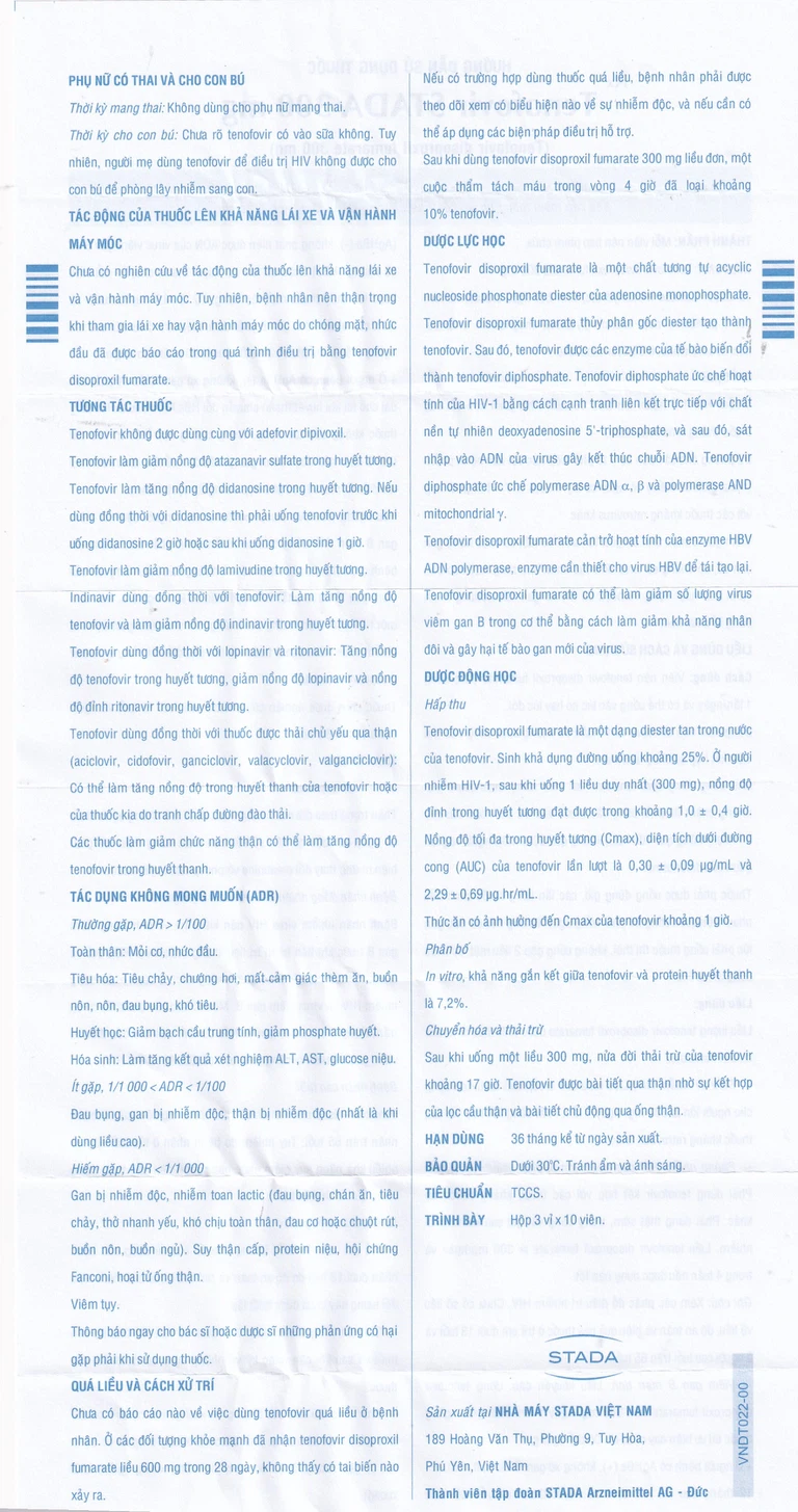 Thuốc Tenofovir STADA 300mg điều trị nhiễm HIV-1, viêm gan B (3 vỉ x 10 viên)