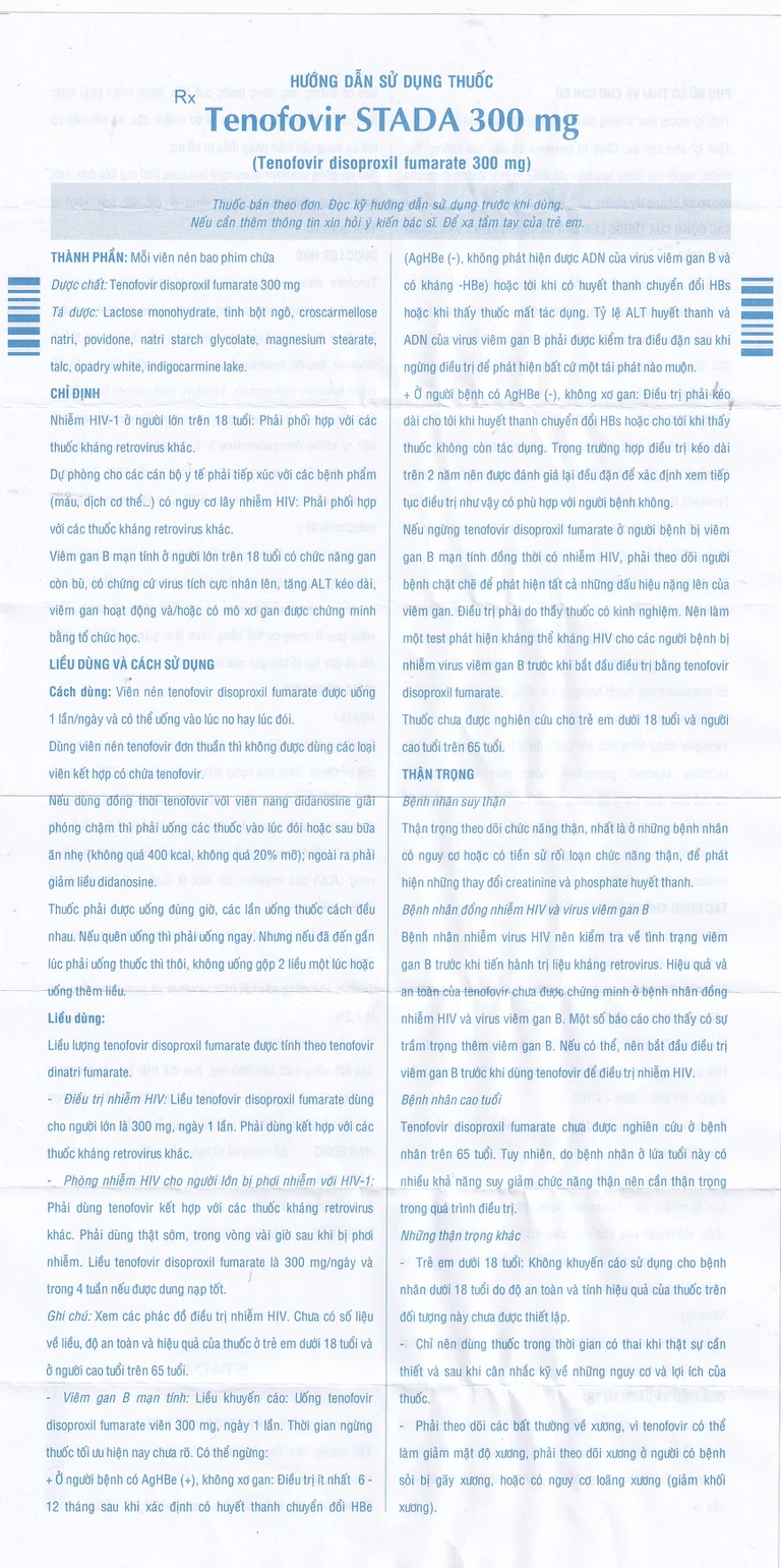 Thuốc Tenofovir STADA 300mg điều trị nhiễm HIV-1, viêm gan B (3 vỉ x 10 viên)