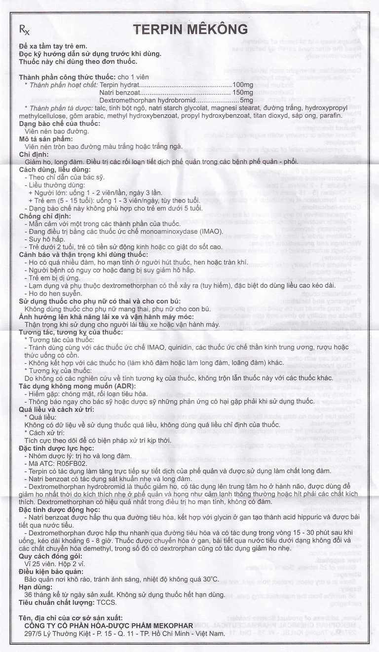 Thuốc Terpin Mekong Mekophar giảm ho, long đàm (2 vỉ x 25 viên)