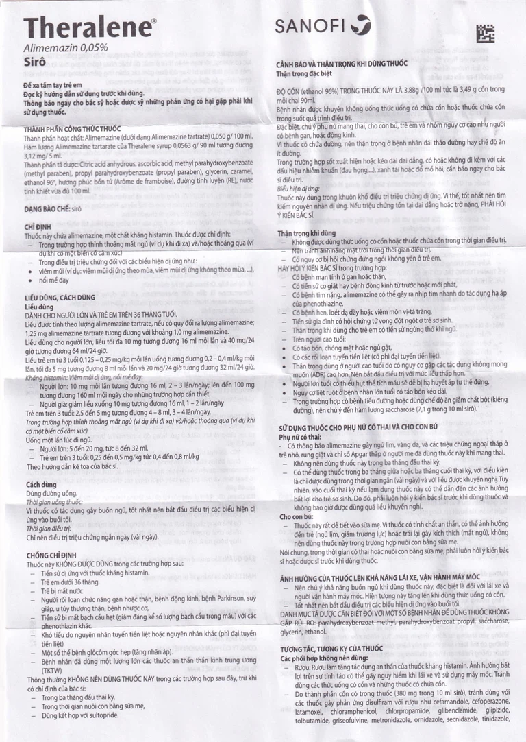 Siro Theralene Sanofi điều trị mất ngủ, viêm mũi (90ml)
