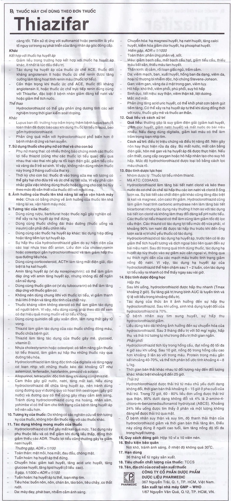 Thuốc Thiazifar Pharmedic điều trị suy tim, tăng huyết áp (10 vỉ x 10 viên)