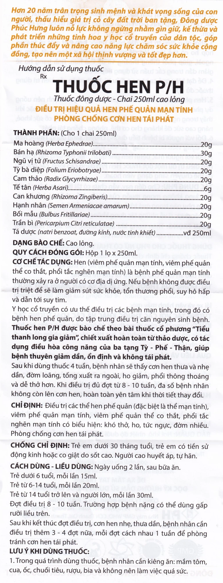 Cao lỏng thuốc hen P/H điều trị các thể hen phế quản (250ml)