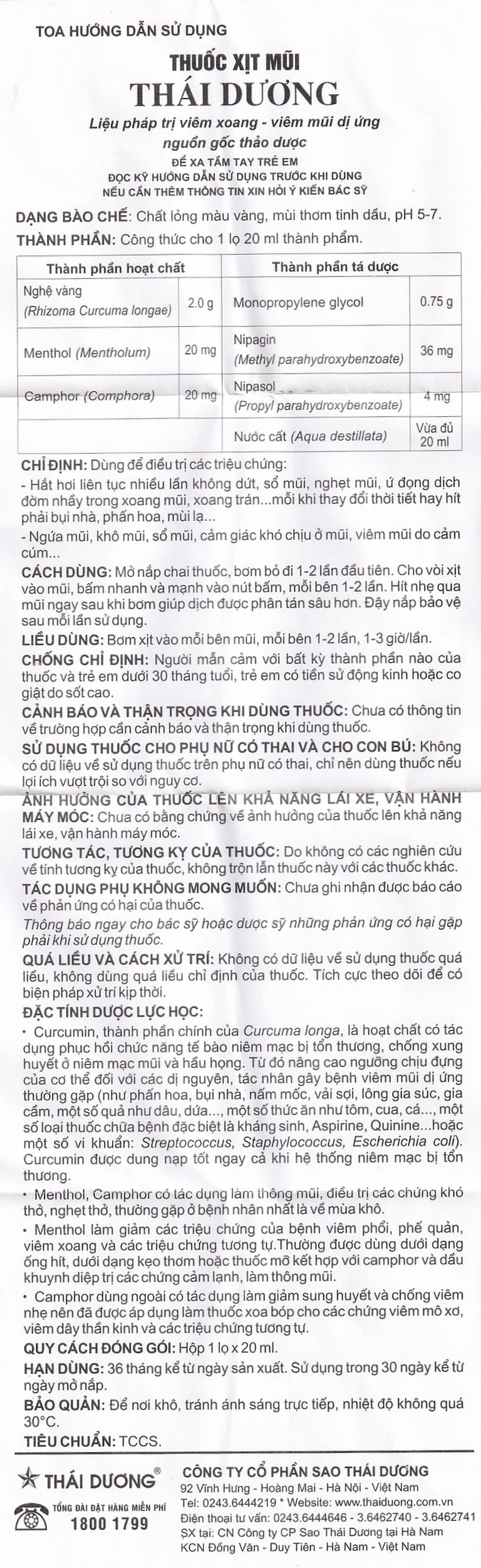 Thuốc xịt mũi Thái Dương điều trị hắt hơi, sổ mũi, nghẹt mũi (20ml)