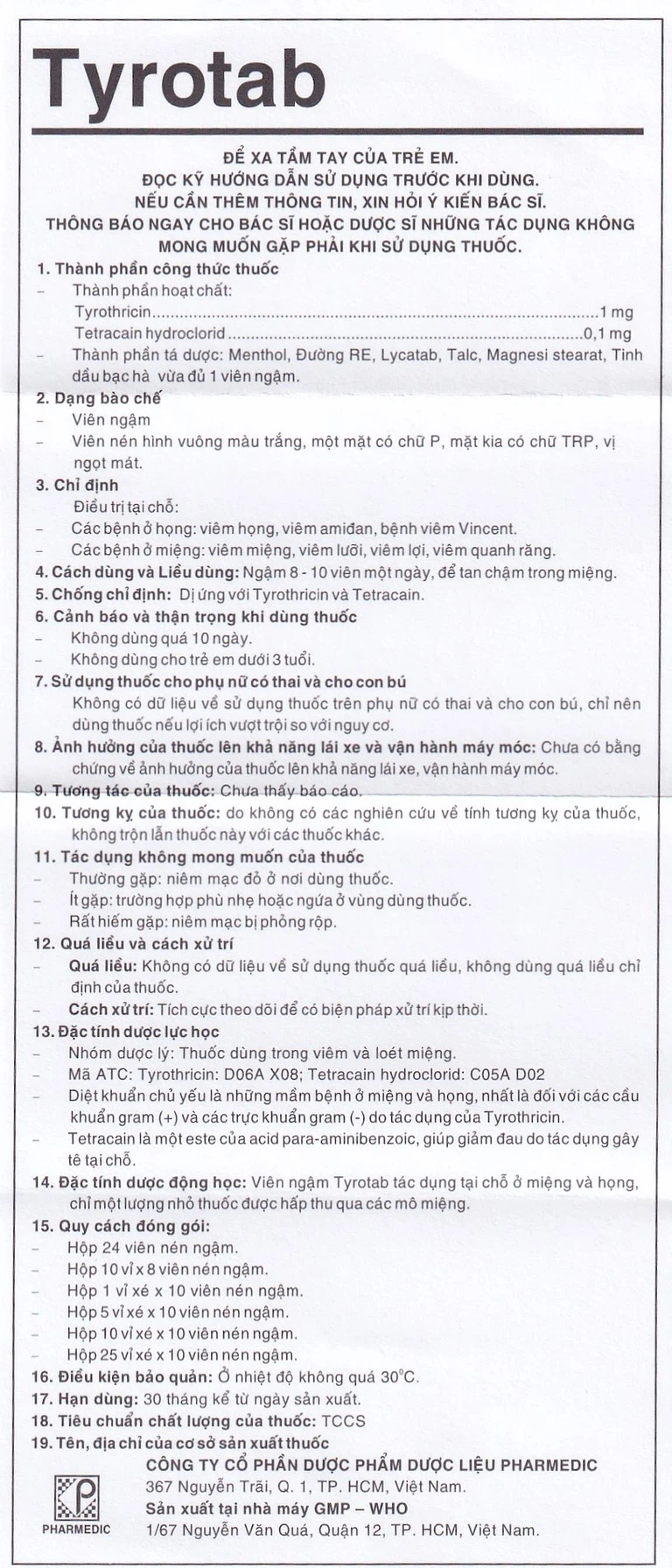 Viên ngậm sát trùng Tyrotab Pharmedic điều trị viêm họng, viêm amidan (24 viên)